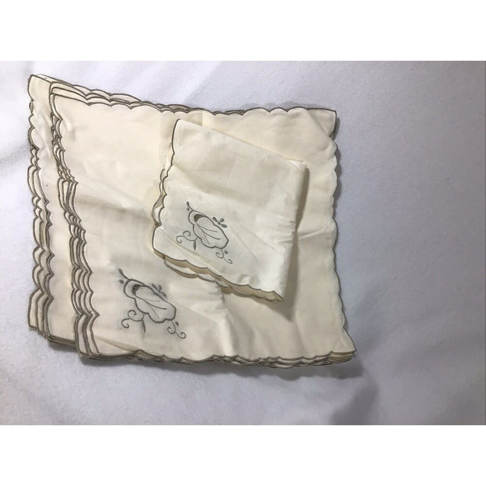 Vintage Cream Cotton Napkin Set 12pc Scalloped Embroidered Table Decor 15 x 15 " - Picture 11 of 12